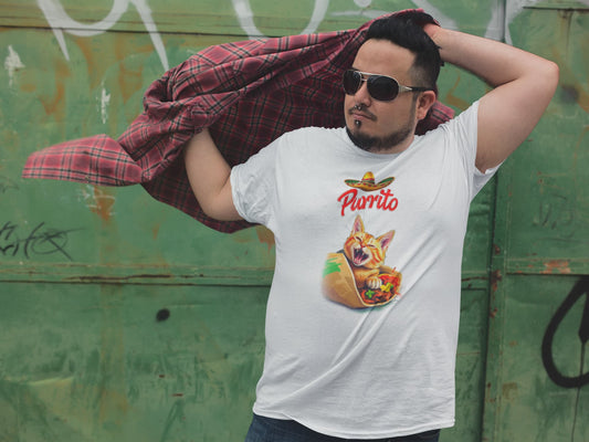 Model wearing Purrito Cat T-Shirt – funny burrito cat design with sombrero, unisex premium tee.