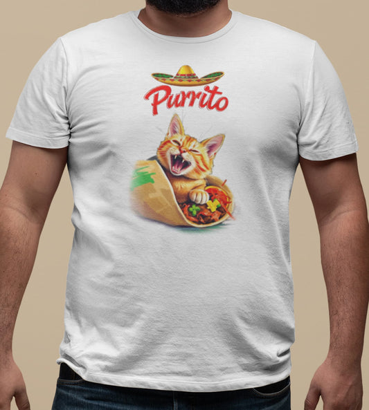 Close-up of Purrito Cat T-Shirt – funny cat burrito illustration with sombrero and spicy humor.
