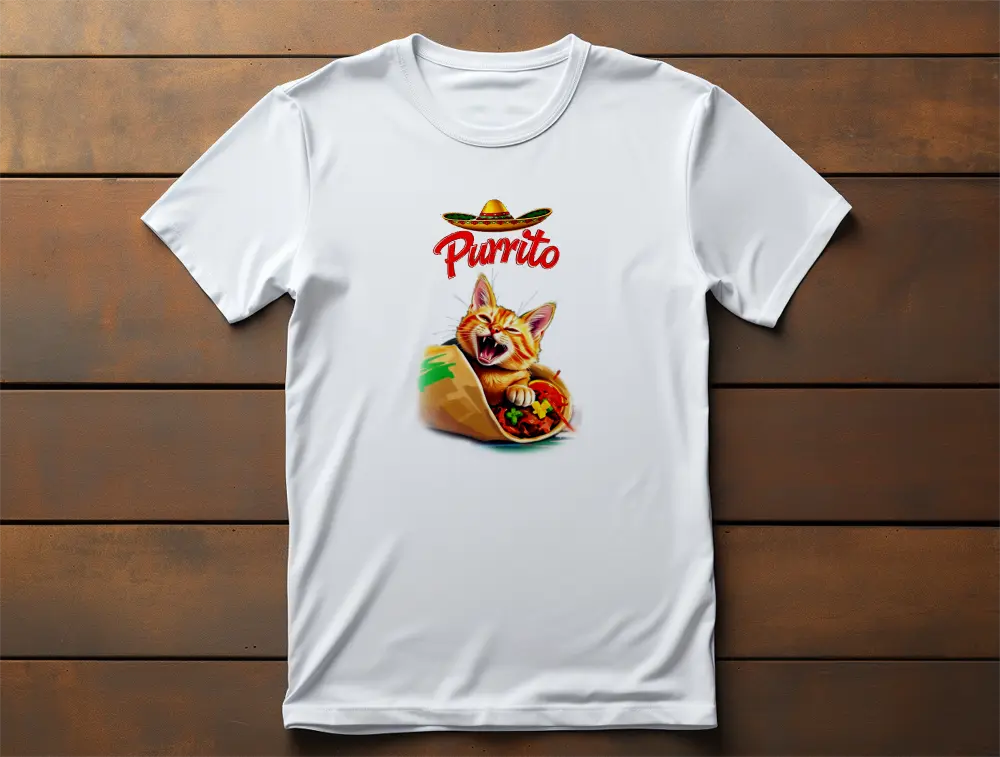 Purrito Cat T-Shirt – cheerful cat wrapped like a burrito wearing Mexican sombrero, unisex graphic shirt.