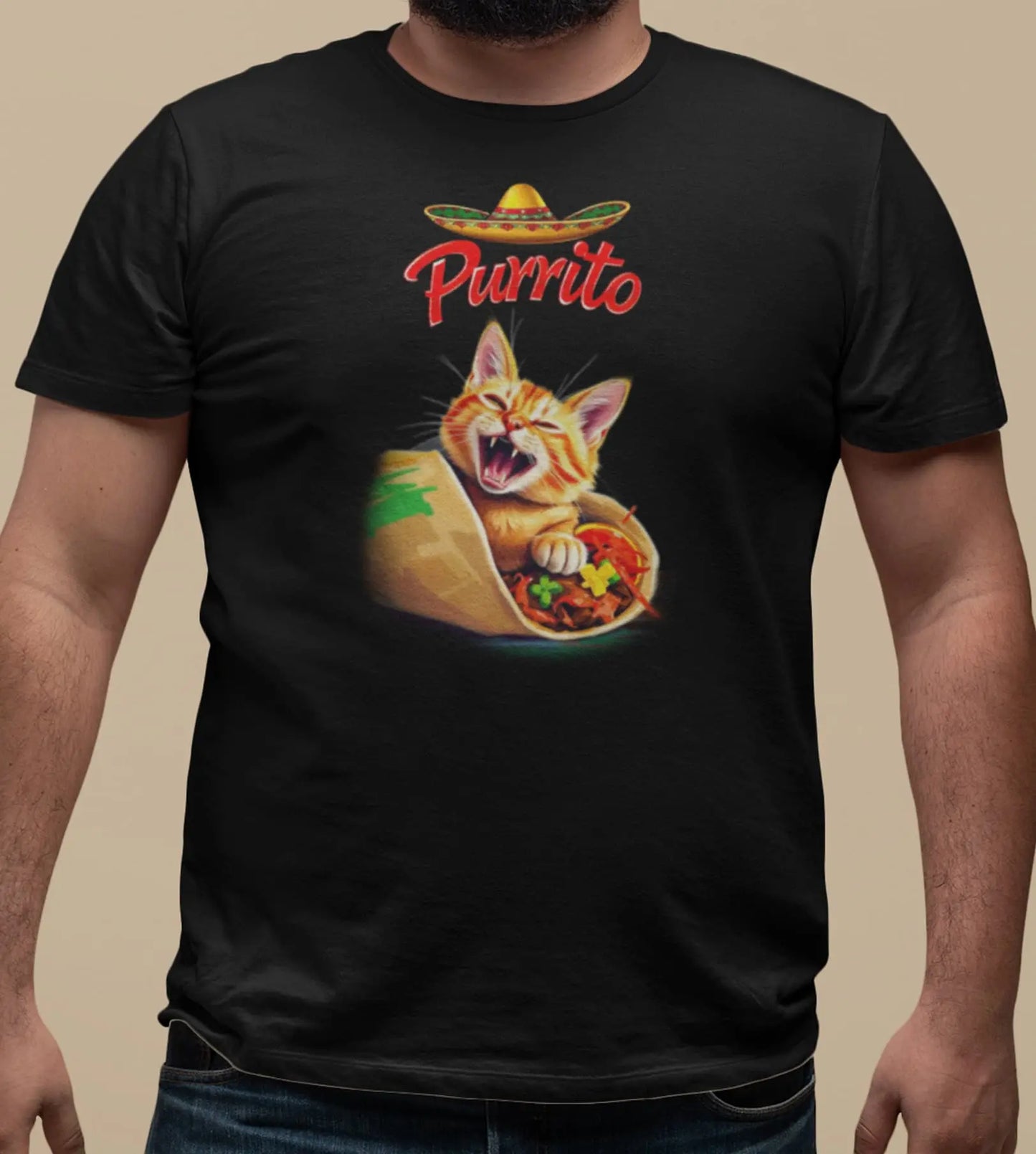 Close-up of Purrito Cat T-Shirt – funny cat burrito illustration with sombrero and spicy humor.