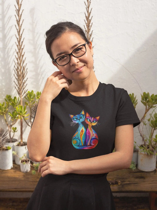 Mockup of Colorlight Double stained glass inspired two cats graphic t-shirt, colorful artistic design for women
