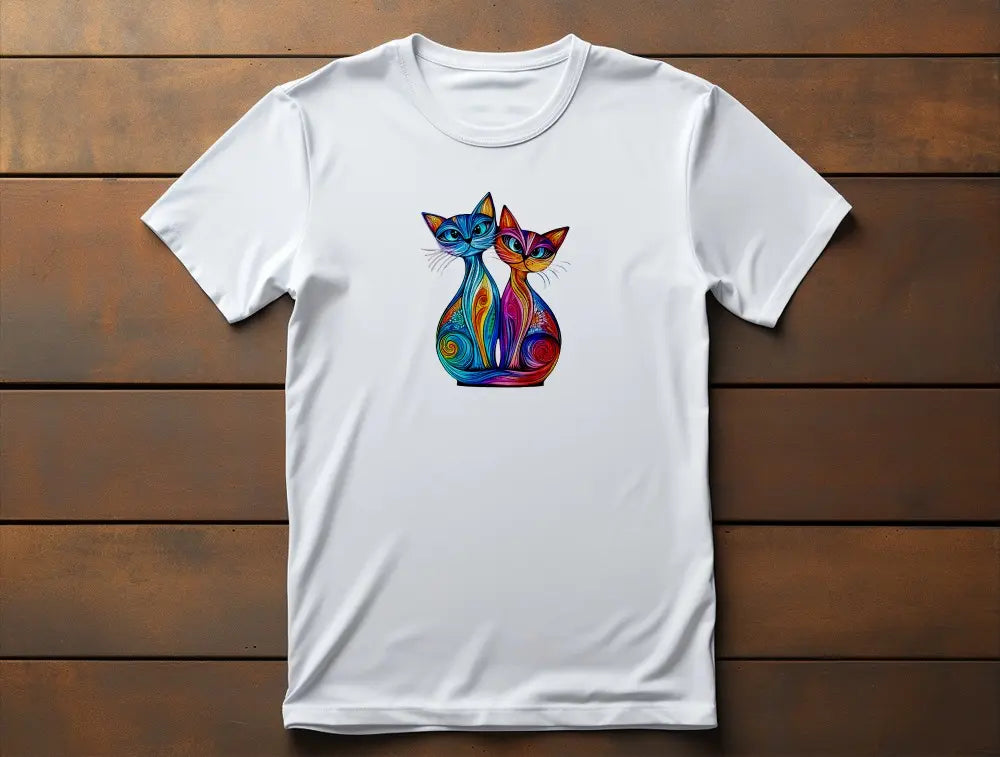 Flat lay of Colorlight Double classic women’s t-shirt featuring stained glass style illustration of two cats
