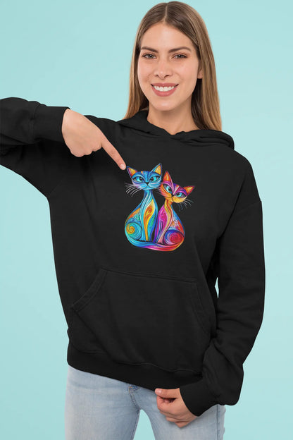 Model wearing Colorlight Double stained glass inspired two cats t-shirt, colorful artistic women’s graphic tee
