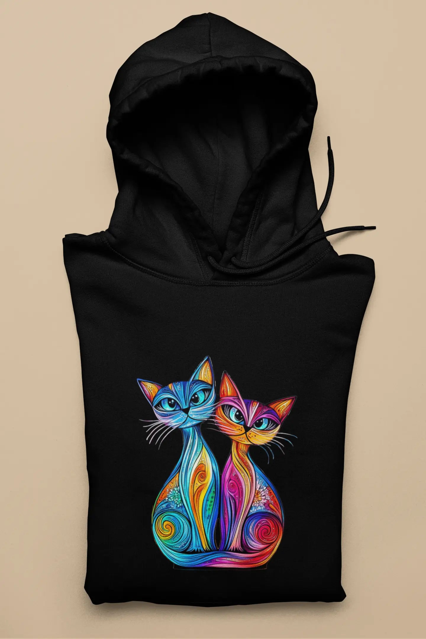 Flat lay of Colorlight Double classic women’s t-shirt featuring stained glass style illustration of two cats