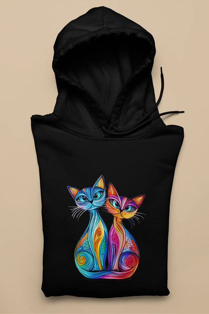Flat lay of Colorlight Double classic women’s t-shirt featuring stained glass style illustration of two cats