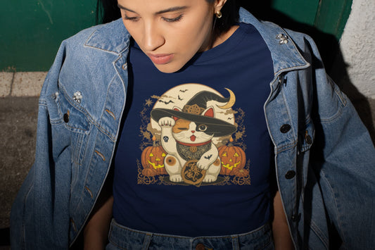 Mockup of classic women’s Witchy Neko cat t-shirt with Halloween Maneki-neko lucky cat design by Felinamia