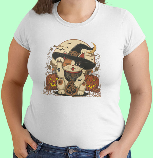 Close-up of Trick or Treat Cat Halloween t-shirt print showing witch-hat feline, candy details, and distressed gray-black poster texture