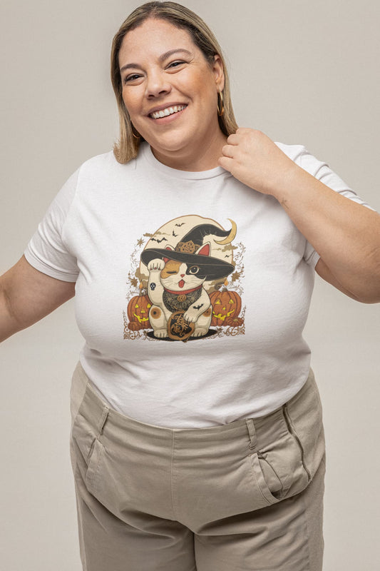 Mockup of classic women’s Witchy Neko cat t-shirt with Halloween Maneki-neko lucky cat design by Felinamia