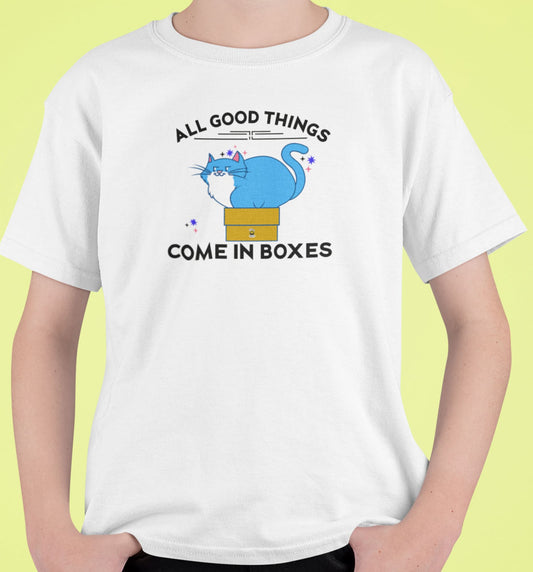 Close-up of Box Life Cat T-Shirt – chubby cat sitting inside small cardboard box, funny illustration.