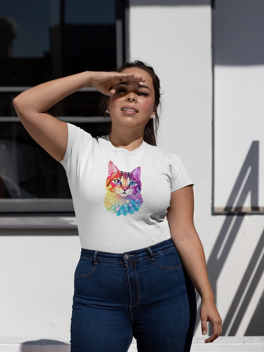 Mockup of Colorscat women’s t-shirt with colorful artistic cat design, feminine graphic tee