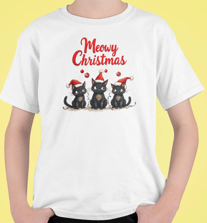 Close-up of Meowy Christmas design – three black cats in Santa hats surrounded by tangled glowing lights and festive lettering.