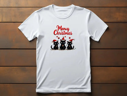Meowy Christmas Cat T-Shirt – festive unisex shirt with three black cats in Santa hats and sparkling Christmas lights, perfect for cat lovers.