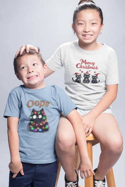 Person wearing Meowy Christmas Cat T-Shirt while decorating a Christmas tree – fun holiday shirt for cat owners and festive humor fans.