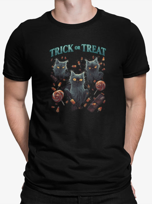 Close-up of Sweet But Spooky cat t-shirt print showing glowing-eyed ghost cats among candy corn, lollipops, and whimsical Halloween elements