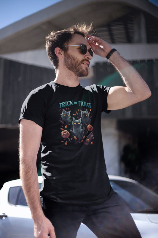 Mockup of unisex premium Sweet But Spooky cat t-shirt with Halloween ghost cats and candy design by Felinamia