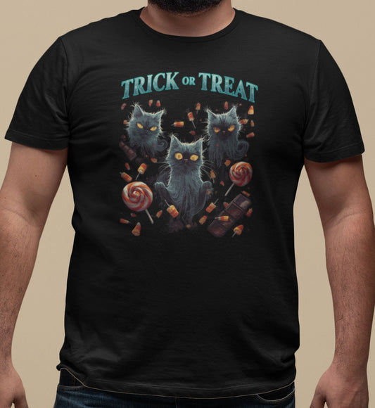 Close-up of Sweet But Spooky cat t-shirt print showing glowing-eyed ghost cats among candy corn, lollipops, and whimsical Halloween elements
