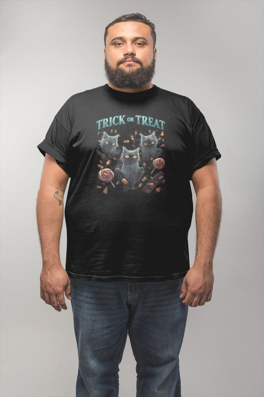 Mockup of unisex premium Sweet But Spooky cat t-shirt with Halloween ghost cats and candy design by Felinamia