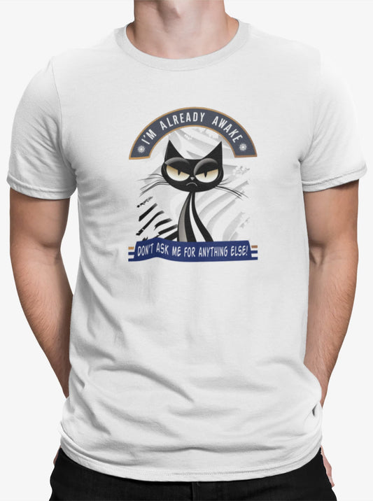 Close-up of Don’t Ask Me Cat T-Shirt – minimalist grumpy cat illustration with sarcastic text.