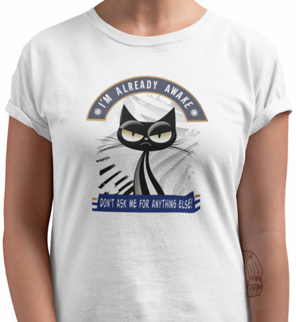 Close-up of Don’t Ask Me Cat T-Shirt – minimalist grumpy cat illustration with sarcastic text.
