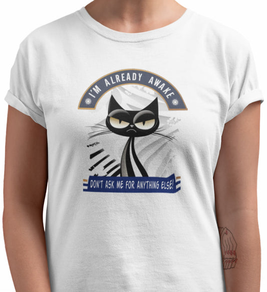 Close-up of Don’t Ask Me Cat T-Shirt – minimalist grumpy cat illustration with sarcastic text.