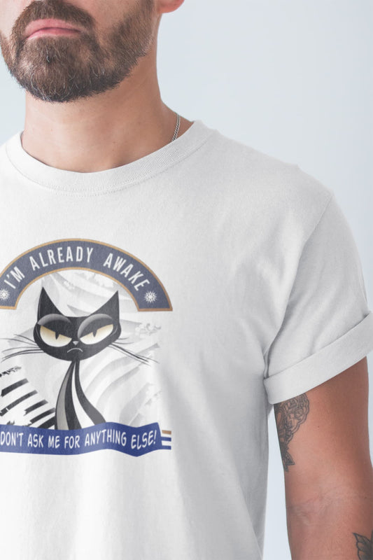Model wearing Don’t Ask Me Cat T-Shirt – minimalist grumpy cat graphic, premium unisex crewneck.