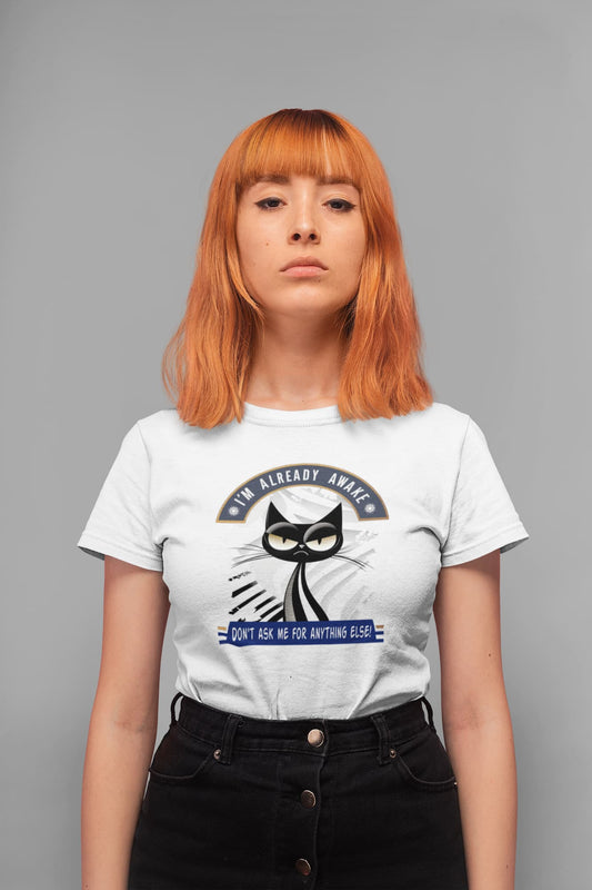 Model wearing Don’t Ask Me Cat T-Shirt – minimalist grumpy cat graphic, premium unisex crewneck.