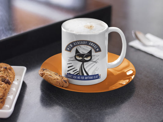 11oz ceramic mug Don’t Ask Me – funny grumpy cat design with sarcastic phrase, part of Felinamia’s Funnycats collection.