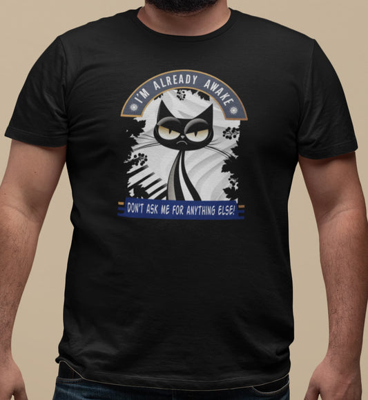 Close-up of Don’t Ask Me Cat T-Shirt – minimalist grumpy cat illustration with sarcastic text.