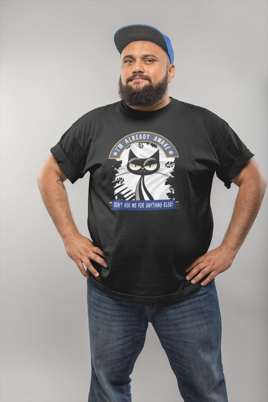 Model wearing Don’t Ask Me Cat T-Shirt – minimalist grumpy cat graphic, premium unisex crewneck.
