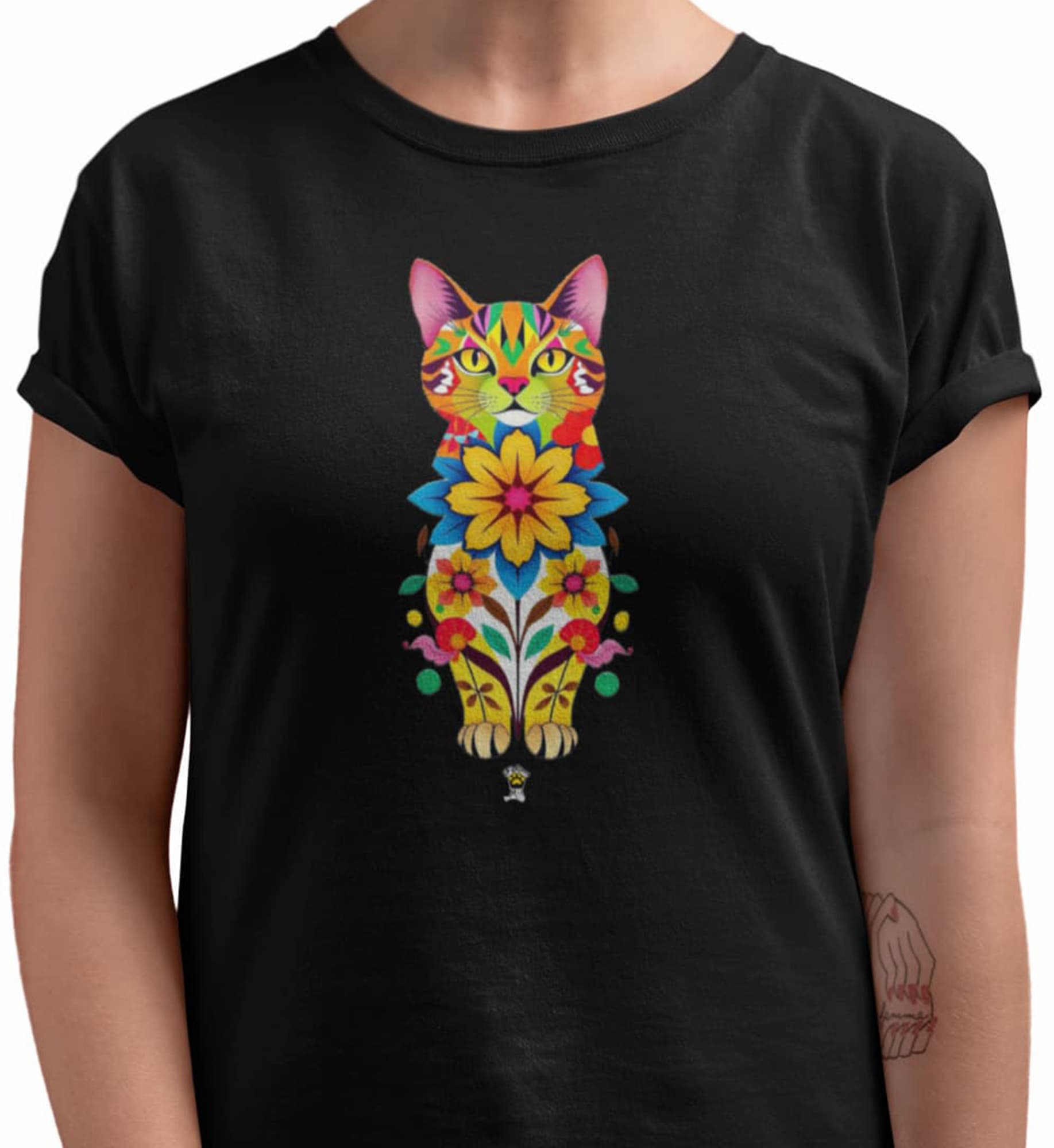 Close-up of Catflora design showing multicolored floral cat silhouette with delicate details