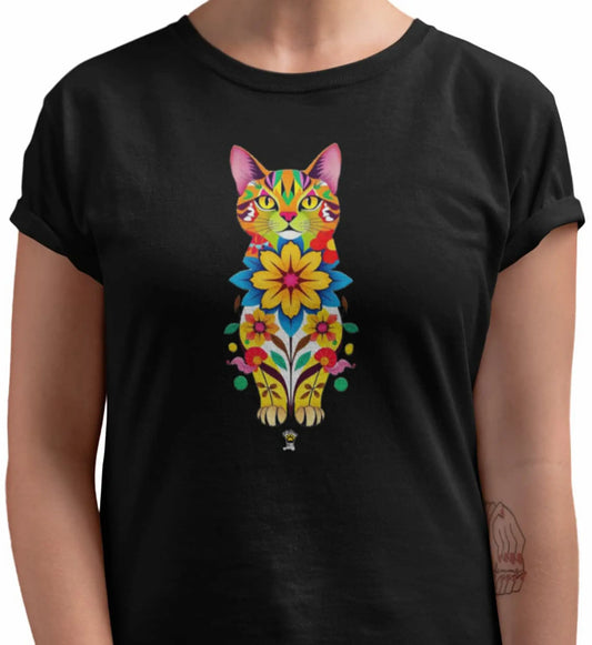 Close-up of Catflora design showing multicolored floral cat silhouette with delicate details