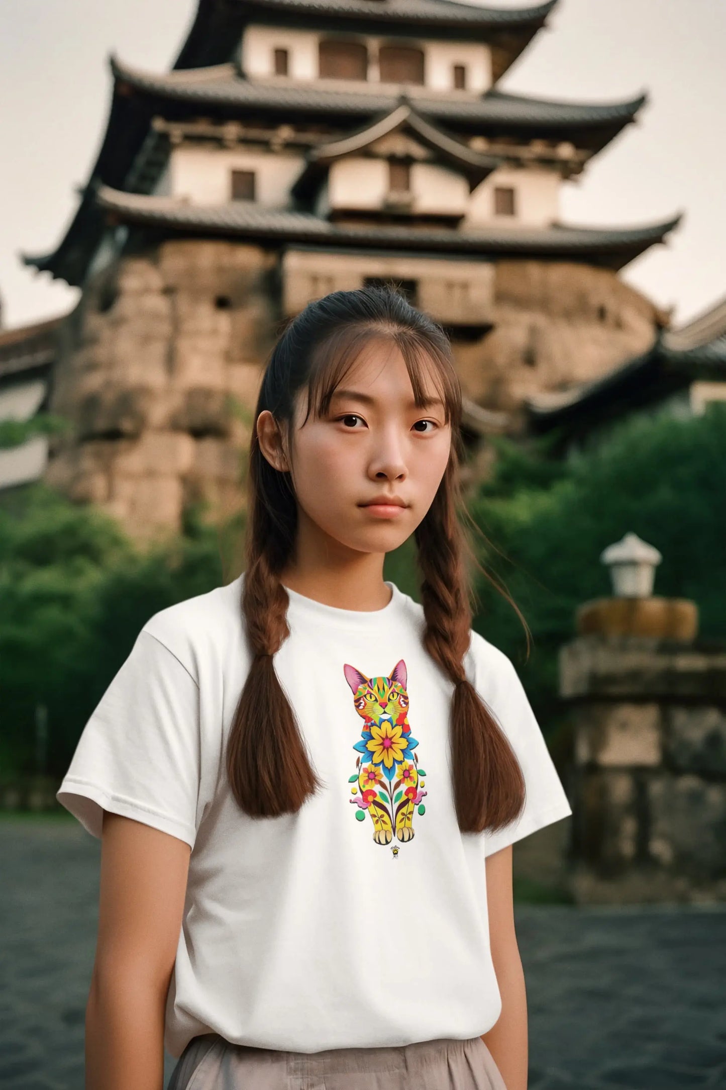 Model wearing Catflora floral cat silhouette women’s t-shirt, feminine artistic graphic tee 