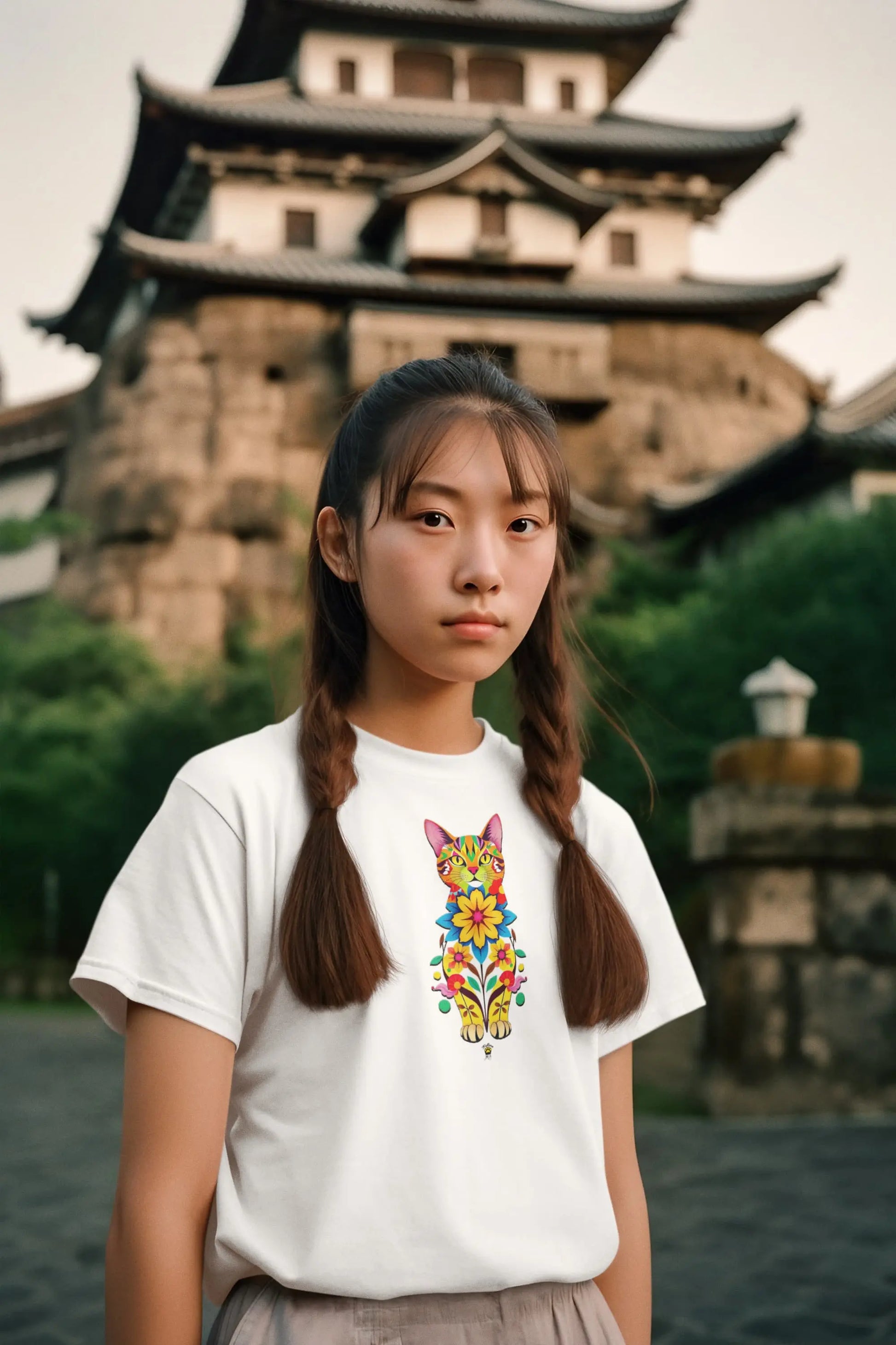 Model wearing Catflora floral cat silhouette women’s t-shirt, feminine artistic graphic tee 