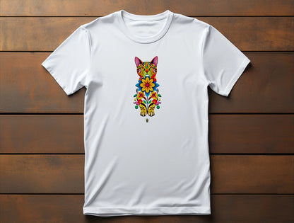Flat lay of Catflora classic women’s t-shirt featuring multicolored floral cat silhouette 