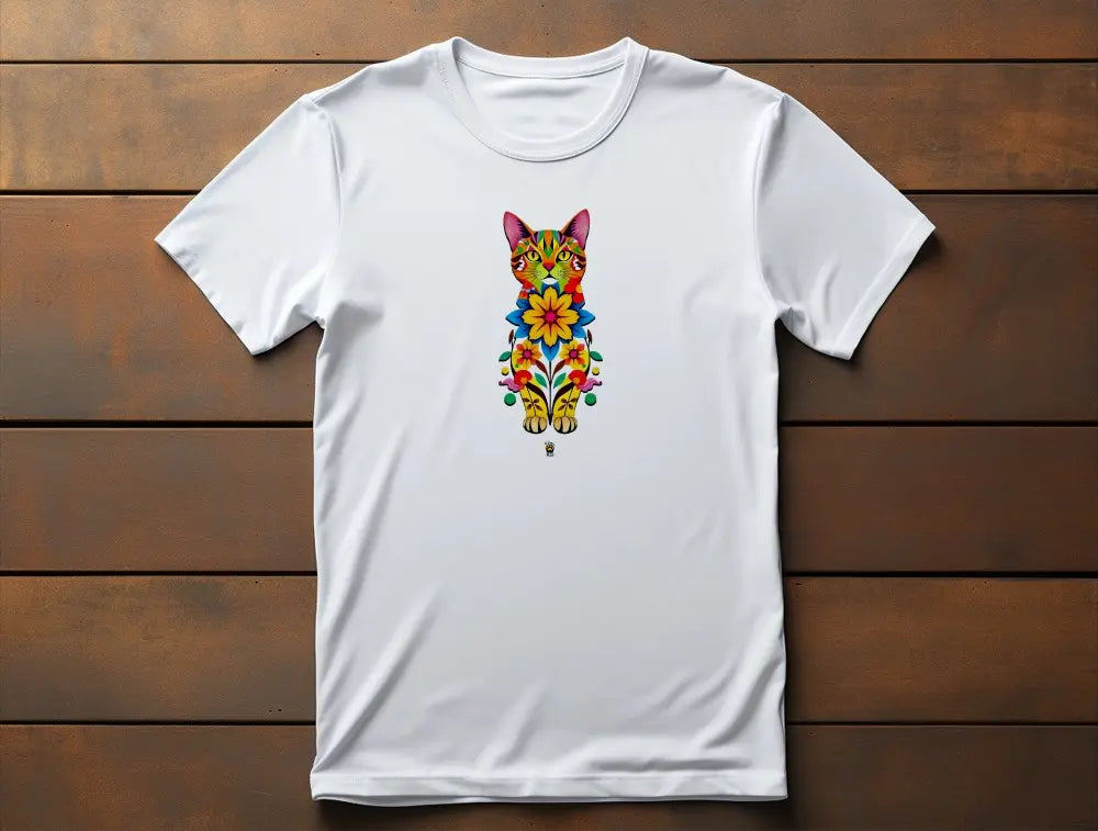 Flat lay of Catflora classic women’s t-shirt featuring multicolored floral cat silhouette 