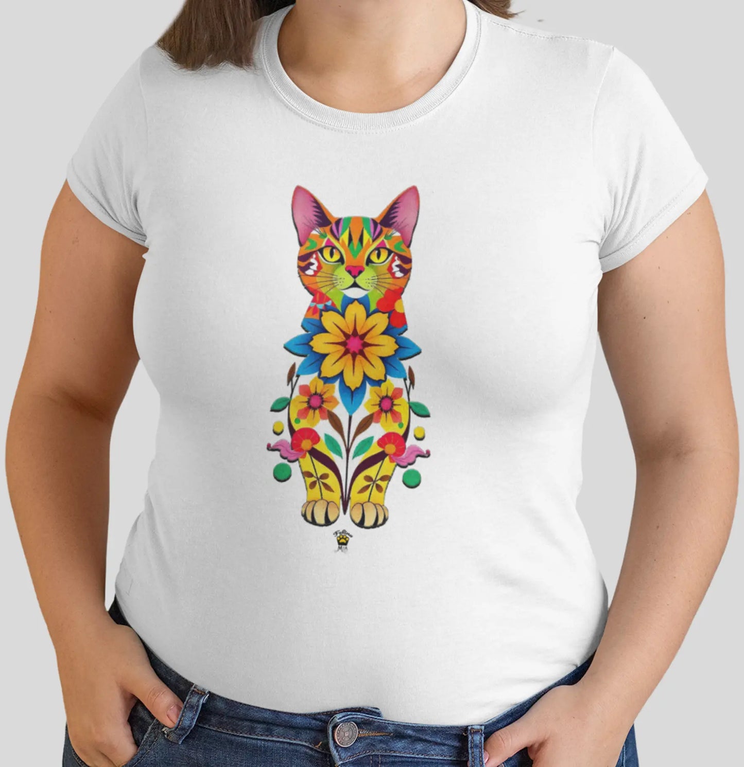 Close-up of Catflora design showing multicolored floral cat silhouette with delicate details
