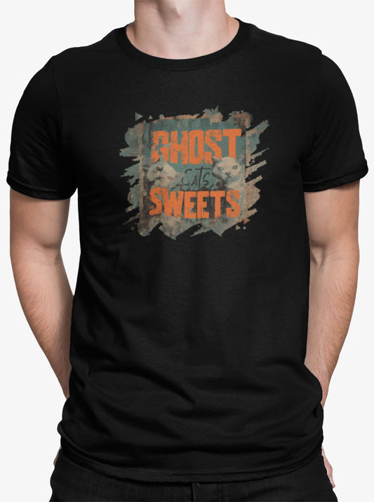 Close-up of Ghost Sweets cat t-shirt print showing ghost cats, bold orange typography, and distressed teal vintage texture