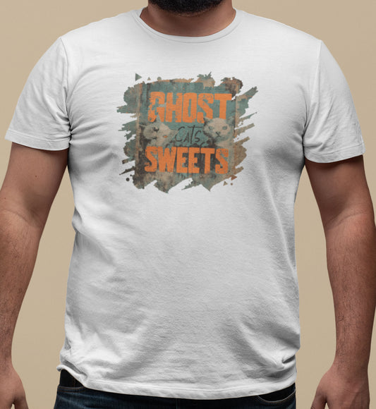 Close-up of Ghost Sweets cat t-shirt print showing ghost cats, bold orange typography, and distressed teal vintage texture