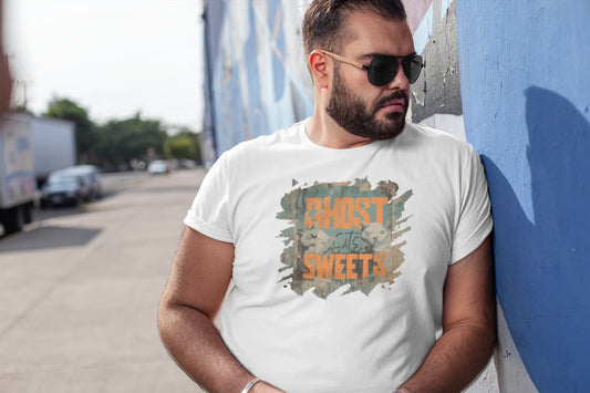 Mockup of unisex premium Ghost Sweets cat t-shirt with retro horror Halloween ghost cats design by Felinamia