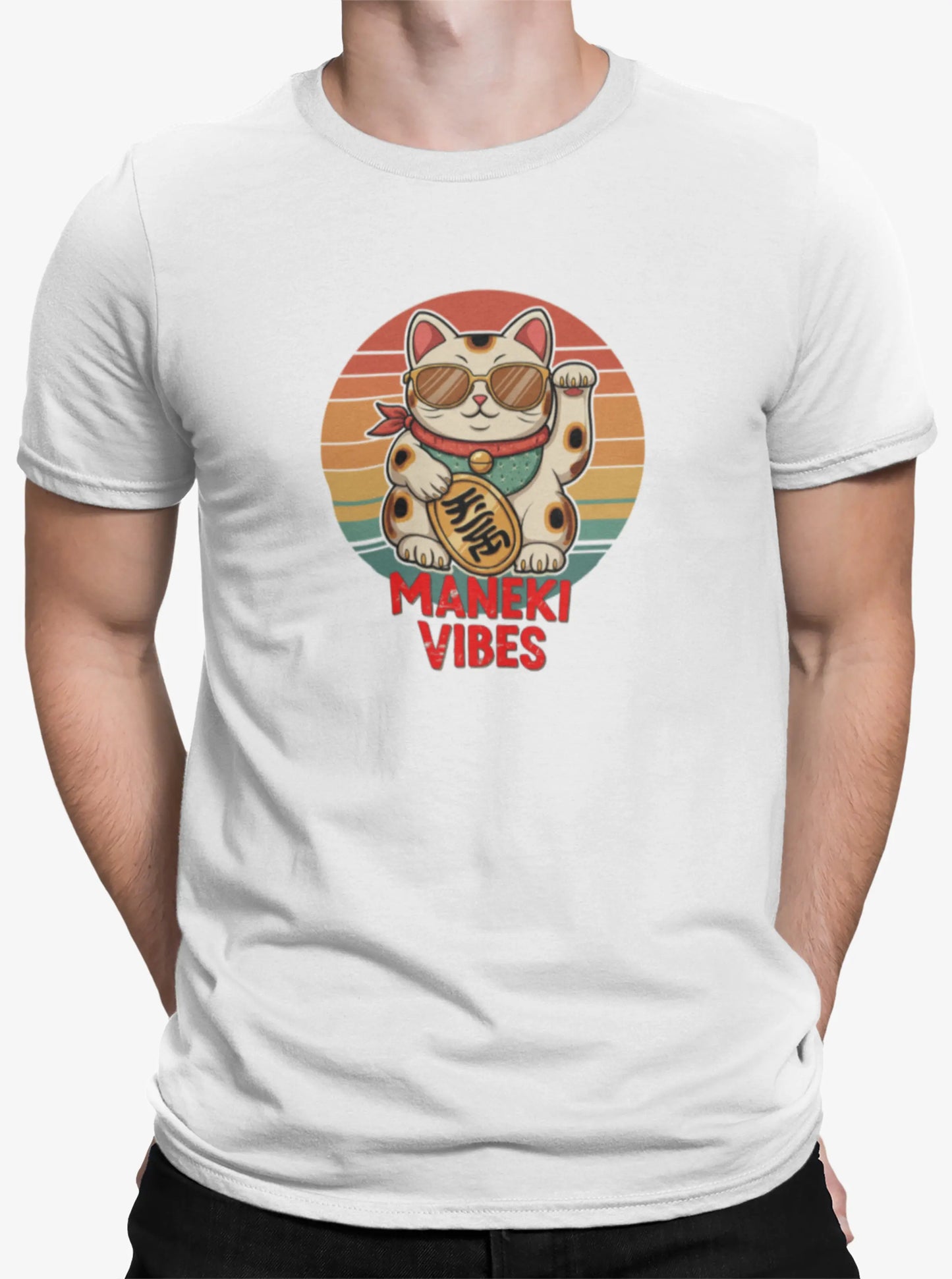 Close-up of Lucky Vibes T-Shirt print – Maneki-neko with sunglasses, bold retro stripes and phrase 'Maneki Vibes'.