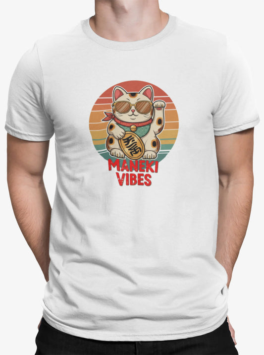 Close-up of Lucky Vibes T-Shirt print – Maneki-neko with sunglasses, bold retro stripes and phrase 'Maneki Vibes'.