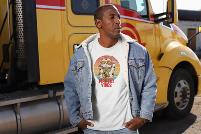 Model wearing Lucky Vibes T-Shirt – premium unisex tee with Maneki-neko in sunglasses, retro vintage stripes and 'Maneki Vibes' text.