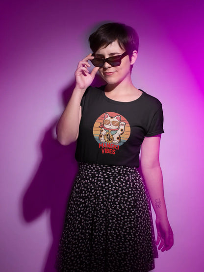 Person styling Lucky Vibes Maneki-neko T-Shirt – Japanese lucky cat with retro stripes, vintage aesthetic and cool sunglasses design.