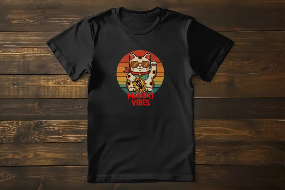 Lucky Vibes Maneki-neko T-Shirt – unisex premium design featuring lucky cat with sunglasses, retro colorful stripes and bold 'Maneki Vibes' lettering.