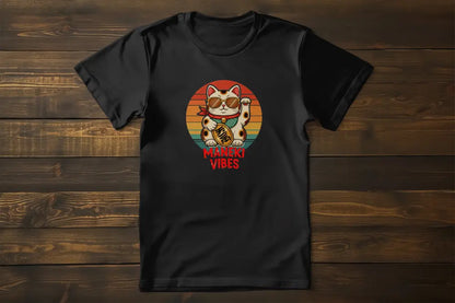 Lucky Vibes Maneki-neko T-Shirt – unisex premium design featuring lucky cat with sunglasses, retro colorful stripes and bold 'Maneki Vibes' lettering.
