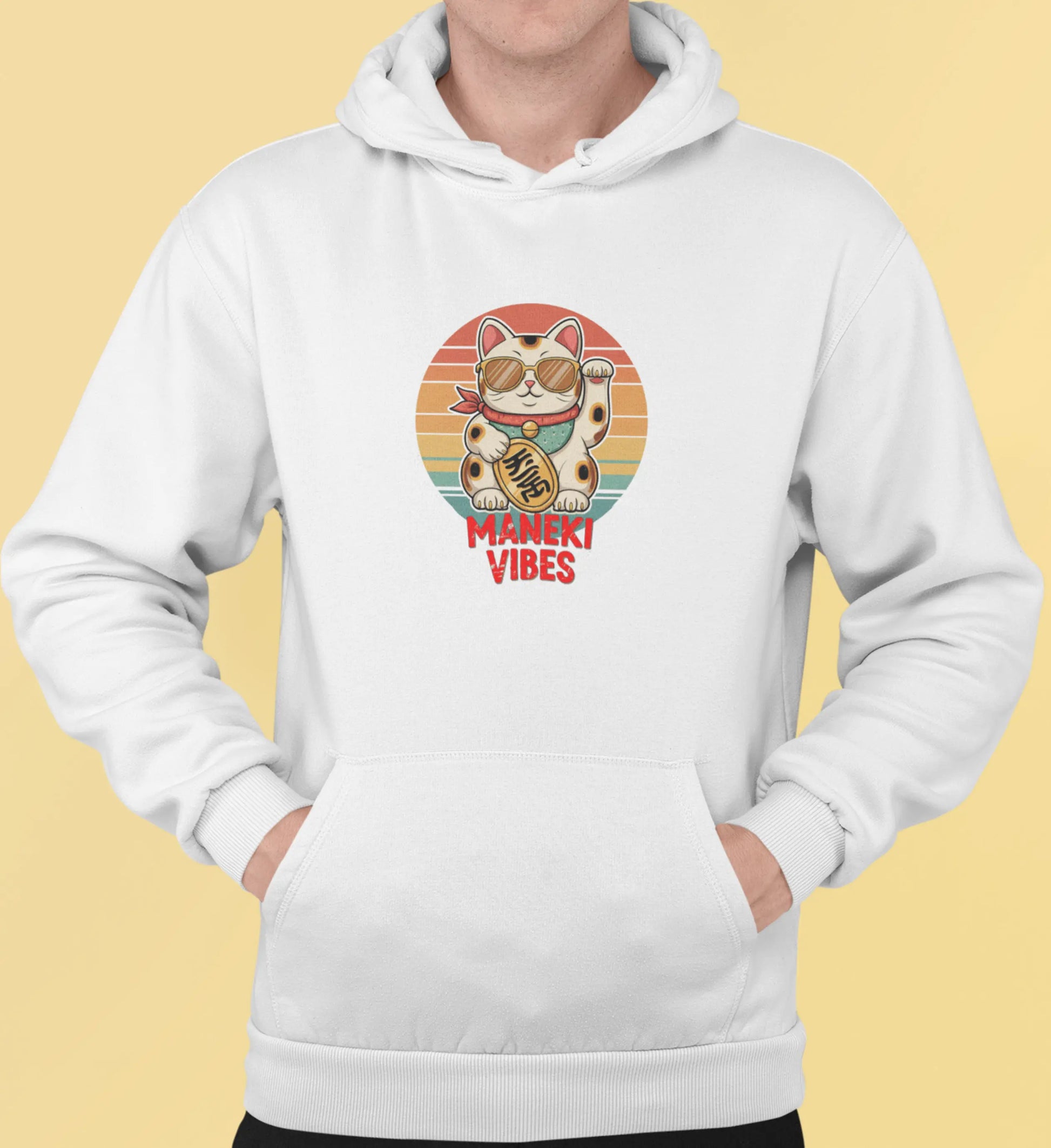 Close-up of Lucky Vibes Hoodie print – Maneki-neko with sunglasses, bold retro stripes and phrase 'Maneki Vibes'.