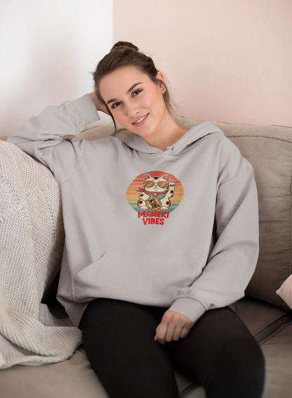 Person styling Lucky Vibes Maneki-neko Hoodie – Japanese lucky cat with retro stripes, vintage aesthetic and cool sunglasses design.