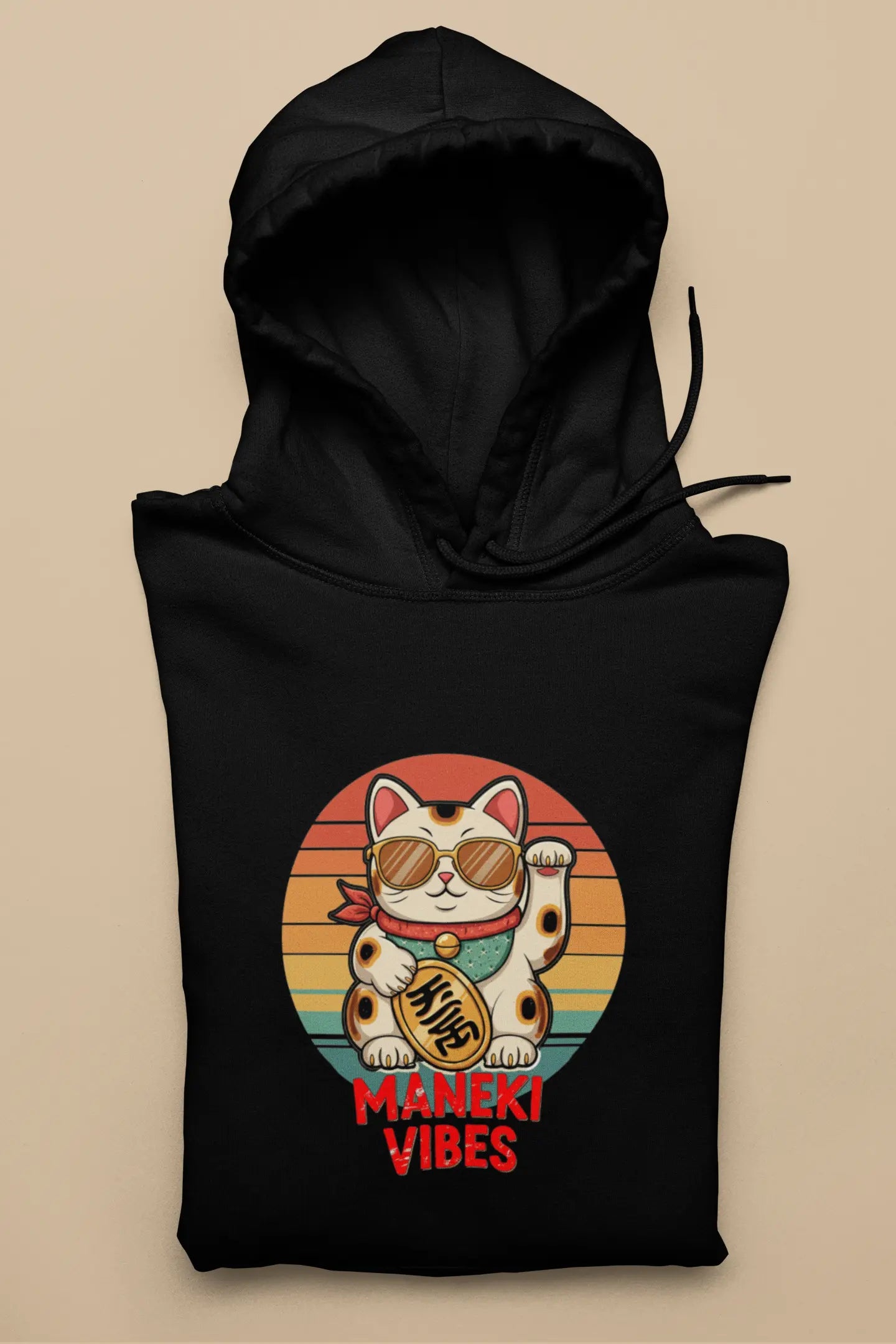 Lucky Vibes Maneki-neko Hoodie – unisex premium design featuring lucky cat with sunglasses, retro colorful stripes and bold 'Maneki Vibes' lettering.