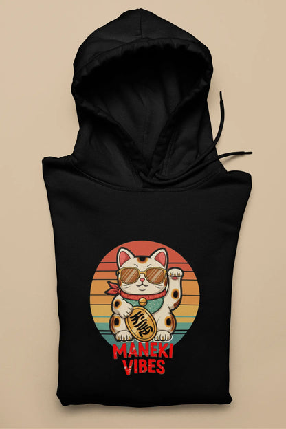 Lucky Vibes Maneki-neko Hoodie – unisex premium design featuring lucky cat with sunglasses, retro colorful stripes and bold 'Maneki Vibes' lettering.