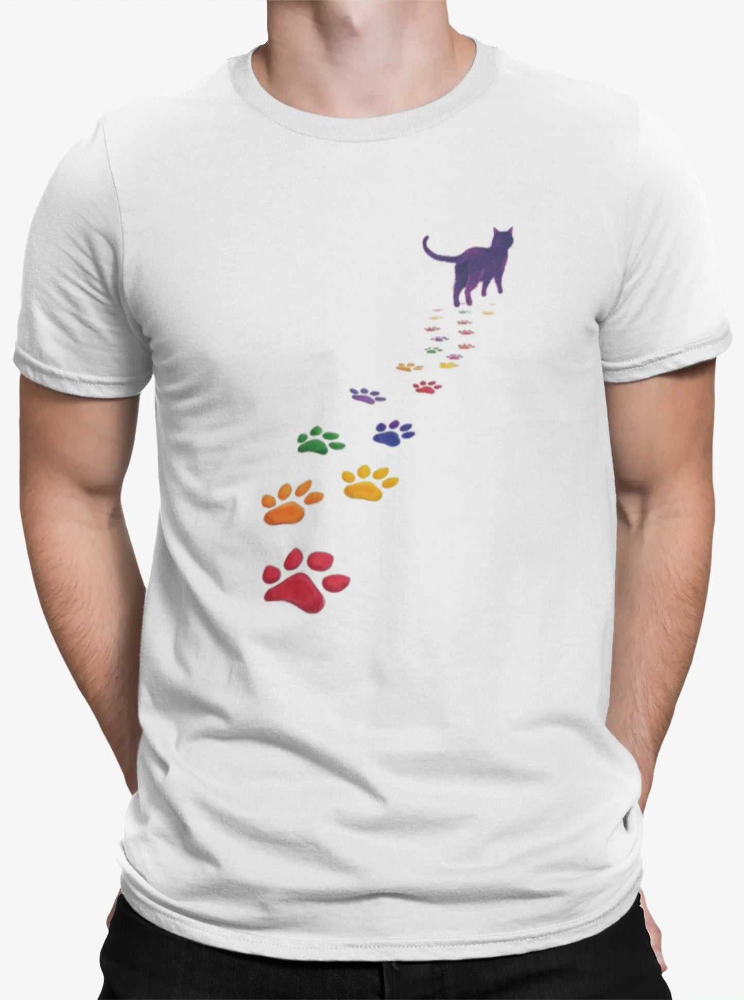 Person wearing Steps of Pride unisex T-shirt outdoors – stylish minimalist cat design representing pride, love, and self-expression.